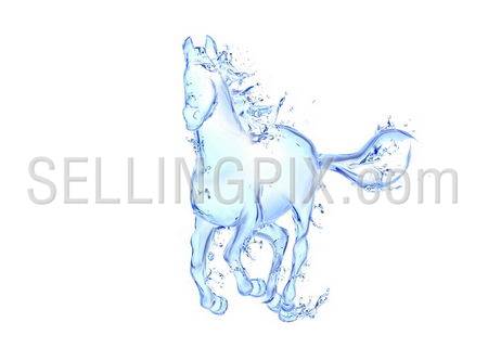 Galloping horse liquid artwork – Animal figure in motion made of water with falling drops