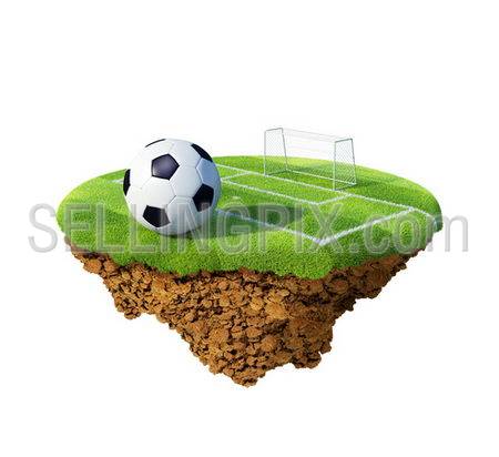 Soccer ball on field, penalty area and goal based on little planet. Concept for soccer championship, league, team design. Tiny island / planet collection.