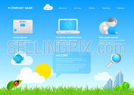 Website eco friendly business / cartoon stylish template. Ready to use webpage with logo, navigation, icons, buttons and other interface elements. Unique icons, unified style