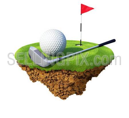 Golf club, ball, flagstick and hole based on little planet. Concept for golf club or competition design. Tiny island / planet collection.