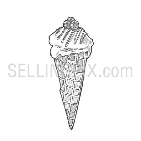 Engraving style hatching pen pencil painting illustration icecream cone image. Engrave hatch lithography drawing collection.