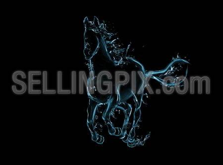 Galloping horse liquid artwork on black – Animal figure in motion made of water with falling drops
