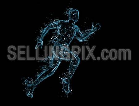 Running man liquid artwork on black – Athlete figure in motion made of water with falling drops