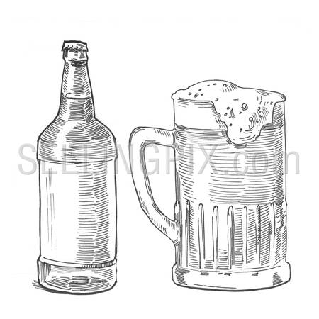Engraving style hatching pen pencil painting illustration beer bottle and mug image. Engrave hatch lithography drawing collection.