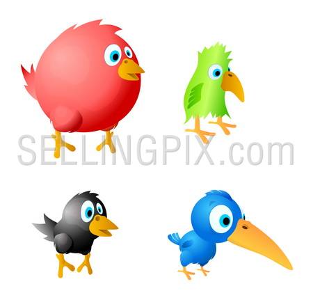 4 funny birds vector. Red fat, green parrot, black crow and blue overage different comic birds.