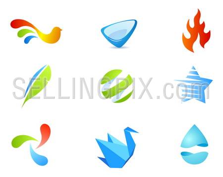 9 quality vector icons pack – different stylish abstract objects, fire flame, star, water drop, origami and bird shaped icons