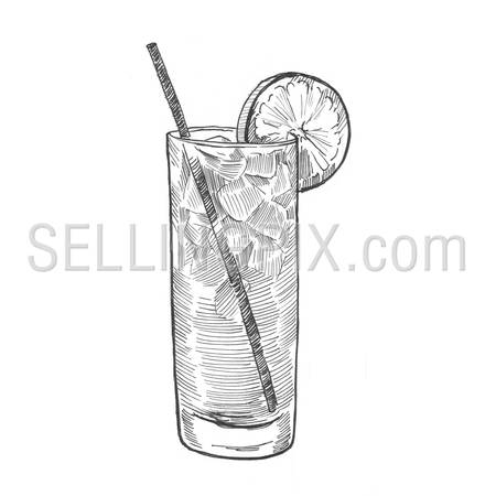 Engraving style hatching pen pencil painting illustration cocktail tall glass orange ice tube image. Engrave hatch lithography drawing collection.