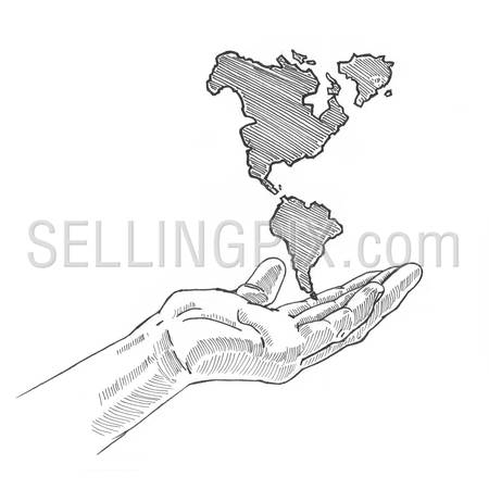 Engraving style hatching pen pencil painting illustration concept US on palm image. Engrave hatch lithography drawing collection.