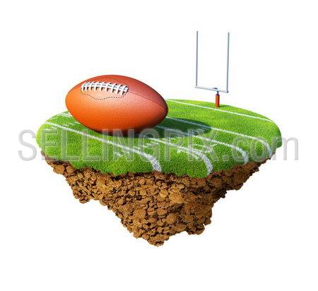 American football field, goal and ball based on little planet. Concept for football / rugby team or competition design. Tiny island / planet collection.