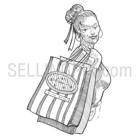 Engraving style hatching pen pencil painting illustration girl woman female shopping bag image. Engrave hatch lithography drawing collection.