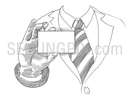Engraving style hatching pen pencil painting illustration abstract businessman holds empty businesscard concept image. Engrave hatch lithography drawing collection.