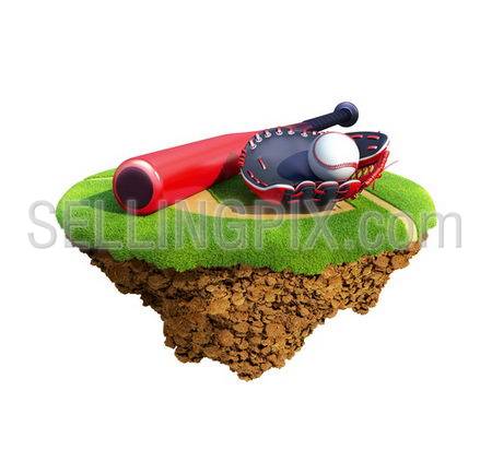 Baseball bat, glove (catcher’s mitt) and ball based on little planet. Concept for baseball team or competition design. Tiny island / planet collection.