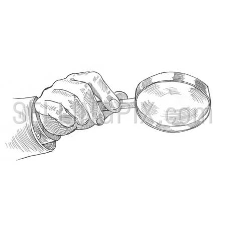 Engraving style hatching pen pencil painting illustration search concept image. Male hand holding mafnifying glass loupe. Engrave hatch lithography drawing collection.