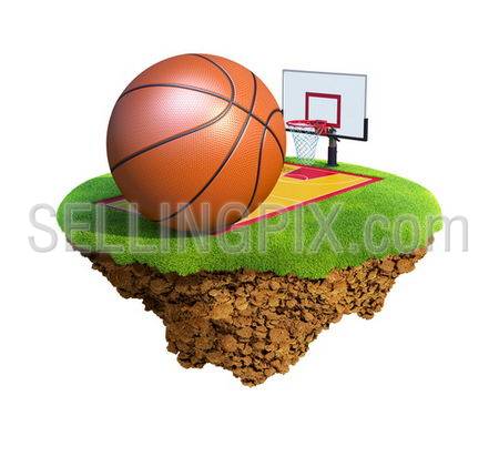 Basketball ball, backboard, hoop and court based on little planet. Concept for Basketball team or competition design. Tiny island / planet collection.