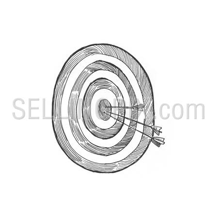 Engraving style hatching pen pencil painting illustration target marketing concept image. Arrows at bulleye target. Engrave hatch lithography drawing collection.