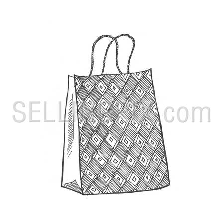 Engraving style hatching pen pencil painting illustration shopping bag image. Engrave hatch lithography drawing collection.