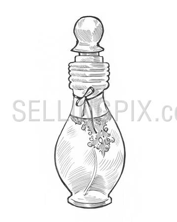 Engraving style hatching pen pencil painting illustration female gramorous bottle of perfume image. Engrave hatch lithography drawing collection.