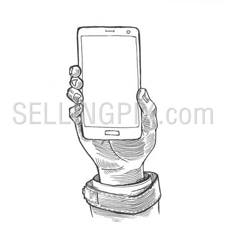 Engraving style hatching pen pencil painting illustration male hand holds empty touch screen smart phone image. Engrave hatch lithography drawing collection.