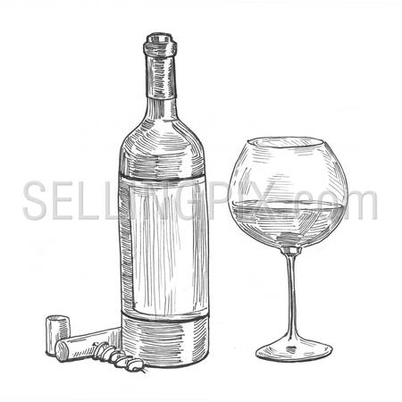 Engraving style hatching pen pencil painting illustration wine bottle glass corkscrew collage image. Engrave hatch lithography drawing collection.