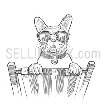 Engraving style hatching pen pencil painting illustration dog vacation sunglasses concept image. Engrave hatch lithography drawing collection.