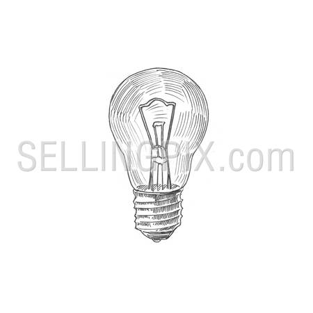 Engraving style hatching pen pencil painting illustration lamp bulb image. Engrave hatch lithography drawing collection.