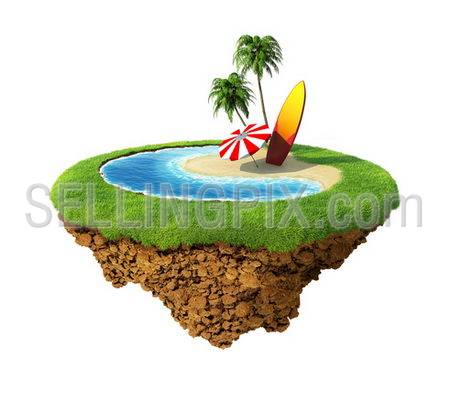 Surf on little planet. Concept for travel, holiday, hotel, spa, resort design. Tiny island / planet collection.