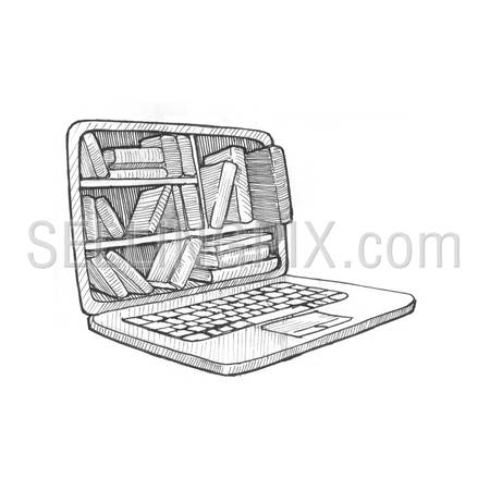 Engraving style hatching pen pencil painting illustration electronic library concept image. Books stick out from laptop screen. Engrave hatch lithography drawing collection.