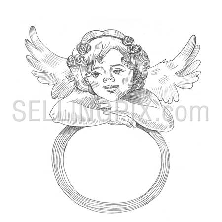 Engraving style hatching pen pencil painting illustration cupid Valentine Day frame template image. Engrave hatch lithography drawing collection.