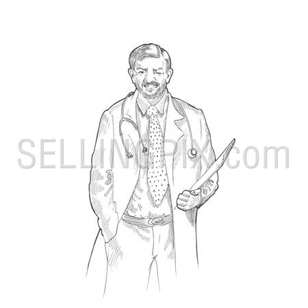 Engraving style hatching pen pencil painting illustration male doctor folder half body portrait image. Engrave hatch lithography drawing collection.