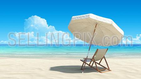 Beach chair and umbrella on idyllic tropical sand beach. No noise, clean, extremely detailed 3d render. Concept for rest, relaxation, holidays, spa, resort design.