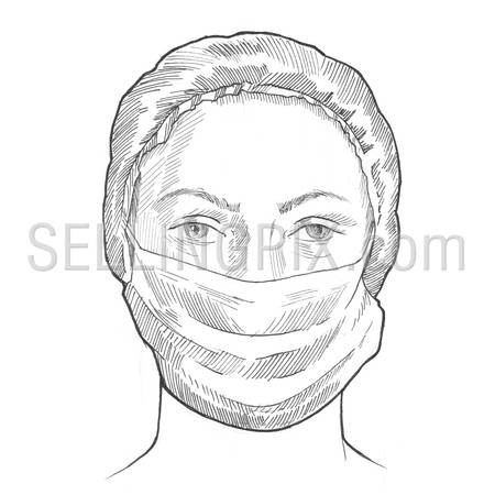Engraving style hatching pen pencil painting illustration female doctor face portrait in mask image. Engrave hatch lithography drawing collection.