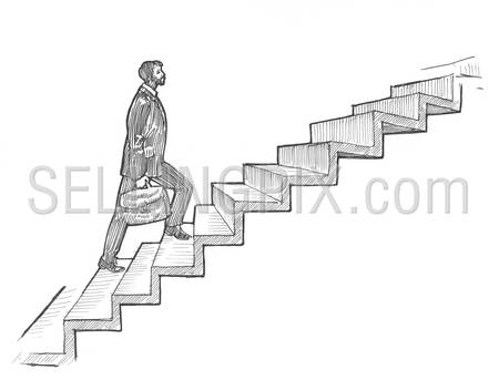Engraving style hatching pen pencil painting illustration businessman walking ladder os success career concept image. Engrave hatch lithography drawing collection.