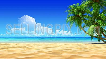 Palms on empty idyllic tropical sand beach. No noise, clean, extremely detailed 3d render. Concept for rest, holidays, resort, spa design or background.