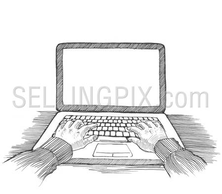 Engraving style hatching pen pencil painting illustration working with laptop empty screen background. Engrave hatch lithography drawing collection.