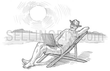 Engraving style hatching pen pencil painting illustration remote distant work concept image. Man with aptop on chaise longue at the sunny beach. Engrave hatch lithography drawing collection.