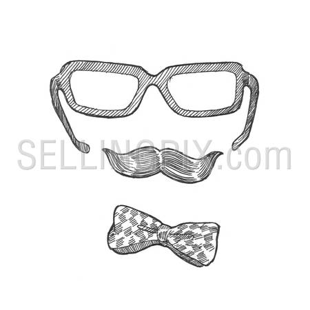 Engraving style hatching pen pencil painting illustration Fathers Day postcard concept template image. Glasses mustache butterfly necktie. Engrave hatch lithography drawing collection.