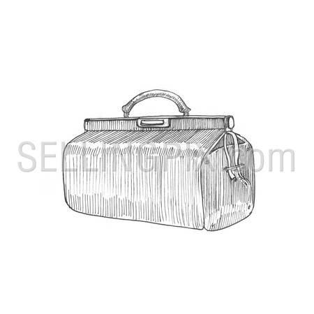 Engraving style hatching pen pencil painting illustration carpetbag vasile bag travel image. Engrave hatch lithography drawing collection.