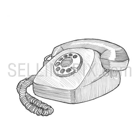Engraving style hatching pen pencil painting illustration retro disc dial phone telephone device image. Engrave hatch lithography drawing collection.
