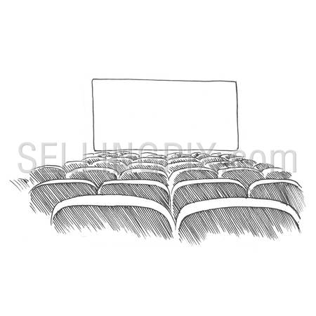 Engraving style hatching pen pencil painting illustration cinema seats blank screen background concept image. Engrave hatch lithography drawing collection.