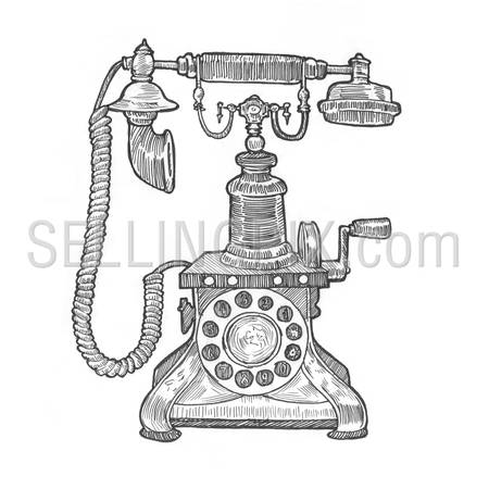 Engraving style hatching pen pencil painting illustration old fashioned retro vintage disc dial phone image. Engrave hatch lithography drawing collection.