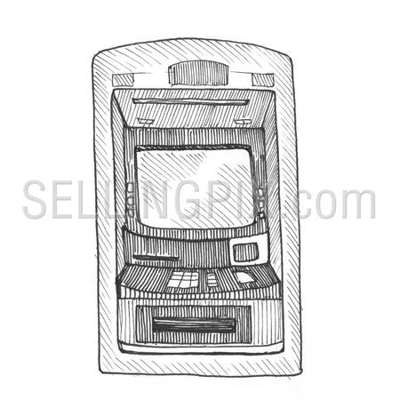 Engraving style hatching pen pencil painting illustration bank ATM image. Engrave hatch lithography drawing collection.