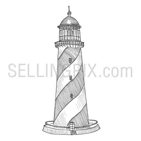 Engraving style hatching pen pencil painting illustration lighthouse image. Engrave hatch lithography drawing collection.