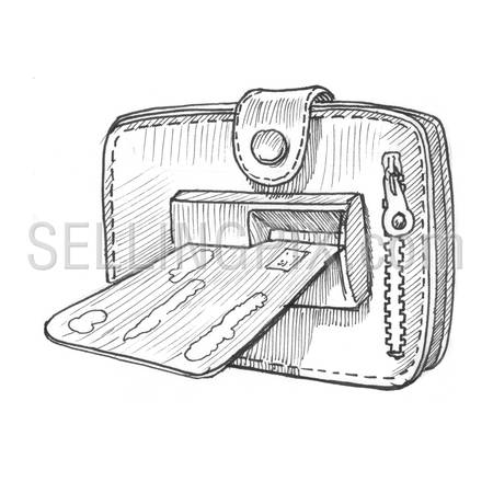 Engraving style hatching pen pencil painting illustration wallet credit card ATM hole concept image. Engrave hatch lithography drawing collection.