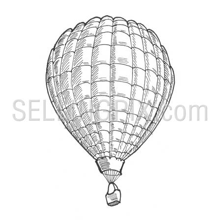 Engraving style hatching pen pencil painting illustration flying balloon image. Engrave hatch lithography drawing collection.