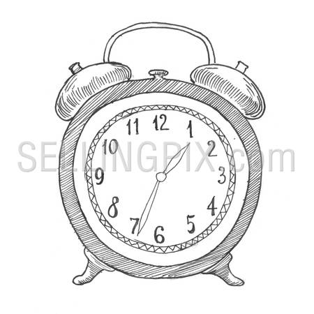 Engraving style hatching pen pencil painting illustration alarm clock image. Engrave hatch lithography drawing collection.