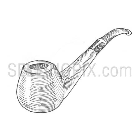 Engraving style hatching pen pencil painting illustration smoking pipe image. Engrave hatch lithography drawing collection.