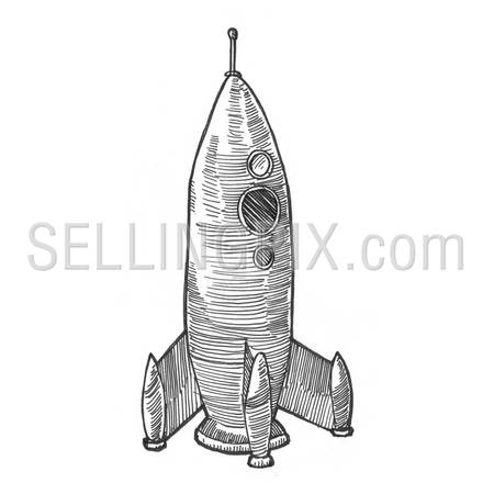 Engraving style hatching pen pencil painting illustration rocket spacecraft start-up business concept image. Engrave hatch lithography drawing collection.
