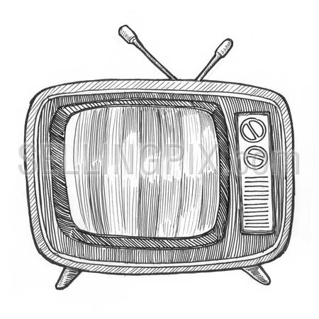 Engraving style hatching pen pencil painting illustration retro vintage old-fashioned television tv set antenna device image. Engrave hatch lithography drawing collection.