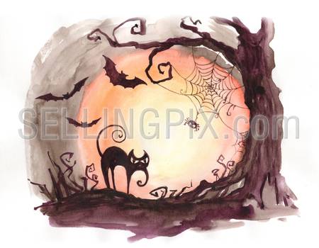 Watercolor hand drawn drawing painting illustration image Halloween holiday concept postcard poster template. Scary night forest tree bats black cat spider web. Big water color collection.