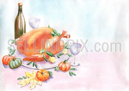 Watercolor hand drawn drawing painting illustration Thanksgiving Day postcard poster template. Turkey on dish, bottle of wine and glasses, pumpkins. Big water color collection.